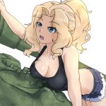  1girl black_tank_top blonde_hair blue_eyes blue_shorts blush breasts butt_crack cleavage girls_und_panzer highres huaronanago kay_(girls_und_panzer) large_breasts military_uniform military_vehicle motor_vehicle open_mouth ponytail saunders_military_uniform short_shorts shorts simple_background solo tank tank_top uniform white_background 