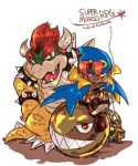  2boys artist_name blue_cape bowser cape chain_chomp commentary copyright_name fukafukarpg geno_(mario) highres horns looking_at_viewer mario_(series) multiple_boys open_mouth red_hair sharp_teeth simple_background smoke spikes super_mario_rpg symbol-only_commentary teeth white_background 