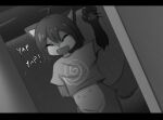 anthro belly_nipples black_and_white bottomless canid canine clothed clothing doorway female fox foxxo_(sheepsheepbeep) hi_res mammal monochrome pantsless public public_nudity sheepsheepbeep solo