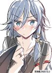  1girl absurdres artist_name black_choker black_shirt blue_eyes blue_hair chinese_clothes choker closed_mouth clothing_cutout dated fei_luo_mao fu_hua fu_hua_(night_squire) fu_hua_(rustic_noir) grey_hair hair_between_eyes highres honkai_(series) honkai_impact_3rd light_blush long_hair looking_back low-cut_armhole official_alternate_costume red_rope rope shirt shirt_grab side_cutout simple_background sleeveless sleeveless_shirt solo white_background 