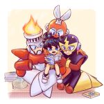  4boys android black_hair blue_eyes book closed_mouth cut_man elec_man fire fire_man highres holding holding_book laser-lance mega_man_(character) mega_man_(classic) mega_man_(series) multiple_boys open_mouth red_footwear seiza shoes short_hair sitting sneakers 
