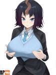  1girl artist_logo artist_name black_hair black_jacket black_skirt blue_eyes blue_necktie blue_vest breasts closed_mouth collared_shirt commentary dragon_girl dragon_horns dress_shirt elma_(maidragon) gradient_hair hands_on_own_breasts highres horns jacket kobayashi-san_chi_no_maidragon kobi420 lapels large_breasts light_blush long_sleeves looking_at_viewer multicolored_hair necktie office_lady pencil_skirt purple_hair shirt short_hair simple_background single_horn skirt smile solo suit_jacket symbol-only_commentary vest white_background white_shirt 