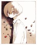  1boy beans border breast_pocket brown_eyes brown_hair closed_mouth collared_shirt commentary crescent flower food from_side fruit gem highres ka_(marukogedago) long_bangs looking_at_viewer looking_to_the_side male_focus original planet pocket shirt short_hair solo spoon star_(symbol) strawberry upper_body white_border white_shirt 