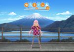  1girl absurdres blue_eyes blue_sky cloud fence fingerless_gloves full_body gloves highres kagamihara_nadeshiko lake long_hair long_sleeves looking_at_viewer mount_fuji mountain official_art open_mouth outdoors pantyhose pink_hair promotional_art scarf shoes short_shorts shorts sidewalk sky smile solo standing title triangle_hands winter_clothes yurucamp 