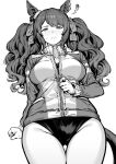  1girl animal_ears ass_visible_through_thighs bacius blush breasts buruma closed_mouth commentary_request cowboy_shot ear_ornament greyscale highres horse_ears horse_girl jacket jewelry light_frown long_hair long_sleeves medium_breasts monochrome partially_unzipped ring simple_background solo squiggle sweat thigh_gap tosen_jordan_(umamusume) track_jacket twintails umamusume white_background 