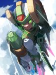  1boy absurdres armor bodysuit cloud dual_wielding energy_sword flying forehead_jewel glowing glowing_eyes green_eyes helmet highres holding holding_sword holding_weapon mechanical_wings mega_man_(series) mega_man_zero_(series) omochi_(mochi_skymega) sage_harpuia_(mega_man) sky solo sword weapon white_bodysuit wings 