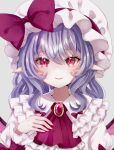  1girl adapted_costume alternate_hairstyle ascot blue_hair blush bow closed_mouth commentary crossed_bangs eyelashes frilled_shirt_collar frills grey_background hair_between_eyes hand_up hat hat_bow huge_bow jaku_sono lips medium_hair mob_cap pointy_ears red_ascot red_bow red_eyes remilia_scarlet shirt sidelocks simple_background smile solo touhou tsurime upper_body wavy_hair white_headwear white_shirt 