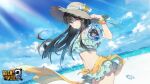  1girl ahoge arm_up beach benghuai_xueyuan bikini black_hair blue_bikini blue_eyes blue_sky bow bracelet breasts brown_hair cloud copyright_name glasses hat hat_bow heterochromia highres holding honkai_(series) jewelry ling_yi_(benghuai_xueyuan) logo long_hair ocean official_art red_eyes second-party_source sky smile straw_hat sun_hat swimsuit water water_drop 