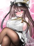  1girl :q absurdres azur_lane bare_shoulders blush breast_rest breasts brown_hair coat commentary_request crossed_legs dress hair_between_eyes hand_on_own_face hat highres hisin huge_breasts knee_to_chest knee_up long_hair long_sleeves no_bra pamiat_merkuria_(azur_lane) pantyhose pink_eyes side_ponytail sideboob sleeveless sleeveless_dress smile solo tongue tongue_out very_long_hair white_coat white_dress wide_sleeves 