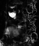  1girl abstract abstract_background black_background black_eyes black_hair breasts cryinggsilence highres large_breasts long_hair looking_at_viewer monochrome original serious sidelocks smoke upper_body 