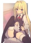  1girl ass_visible_through_thighs black_panties black_thighhighs blonde_hair blunt_bangs blush border brooch buttons cameltoe closed_mouth clothes_lift collared_shirt commentary dress dress_lift dress_shirt everyntrge hair_intakes jewelry knee_up lifted_by_self long_hair long_sleeves looking_at_viewer original outside_border paid_reward_available panties purple_eyes red_ribbon ribbon shirt sidelocks sitting solo tearing_up thighhighs underwear very_long_hair white_border white_shirt 