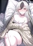  1girl ass bed_sheet black_choker black_dress black_hair black_horns blue_archive blush breasts choker closed_mouth demon_horns dress feet_out_of_frame grey_halo grey_jacket hair_between_eyes halo highres horns jacket kayoko_(blue_archive) kayoko_(dress)_(blue_archive) long_hair long_sleeves looking_at_viewer medium_breasts multicolored_hair official_alternate_costume pillow red_eyes solo sumioo_(sumikko_no_ousama) white_hair 
