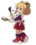  1girl apron blonde_hair blue_eyes boots cooking dress egg from_behind frying_pan long_hair looking_back mawaru_(mawaru) mega_man_(classic) mega_man_(series) open_mouth ponytail red_dress red_footwear ribbon roll_(mega_man) smile solo spatula waist_apron white_apron 