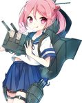  :&lt; absurdres anchor blush bunny cannon hair_bobbles hair_ornament highres holding holding_weapon kantai_collection kida_mochi looking_at_viewer machinery pink_eyes pink_hair pleated_skirt sazanami_(kantai_collection) school_uniform serafuku short_sleeves simple_background skirt smile solo tongue tongue_out turret twintails weapon white_background 