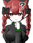  1girl ? @_@ absurdres animal_ears aoringo_orin black_bow bow braid breasts cat_ears cat_girl closed_mouth commentary_request hair_bow highres kaenbyou_rin large_breasts looking_at_viewer medium_hair pointy_ears red_eyes red_hair side_braids simple_background solo touhou twin_braids upper_body white_background 