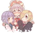  7010 ahoge blonde_hair blush brown_eyes grey_eyes grey_hair hair_over_one_eye hoshi_shouko idolmaster idolmaster_cinderella_girls kawaii_boku_to_142's koshimizu_sachiko long_hair looking_at_viewer multiple_girls purple_hair red_eyes shirasaka_koume short_hair simple_background sleeves_past_wrists smile white_background 