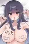  1girl @_@ absurdres armpits bandaid bandaids_on_nipples bed_sheet black_hair black_nails blue_hair blush body_writing breasts collarbone embarrassed highres large_breasts long_hair looking_at_viewer lying meiwowowo messy_hair milestone_celebration mole mole_on_breast mole_under_eye nude on_bed open_mouth original pasties sweatdrop upper_body 