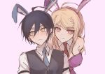  1boy 1girl absurdres ahoge akamatsu_kaede alternate_costume animal_ears bare_shoulders black_vest blush brown_eyes collared_shirt danganronpa_(series) danganronpa_v3:_killing_harmony detached_collar fake_animal_ears fu_ga_(vivi912912) hair_ornament highres leotard looking_at_viewer looking_to_the_side musical_note musical_note_hair_ornament necktie official_alternate_costume pink_eyes pink_leotard rabbit_ears saihara_shuichi shirt smile upper_body vest white_shirt 