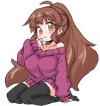  1girl ahoge arm_at_side bare_shoulders big_hair black_thighhighs blush breasts brown_eyes brown_hair closed_mouth full_body hand_to_own_mouth hand_up large_breasts long_hair long_sleeves looking_at_viewer no_shoes off-shoulder_sweater off_shoulder ponytail purple_sweater rori_(4chan) seiza sitting sketch sleeves_past_wrists solo sweater taneshima_popura thighhighs wide_ponytail working!! zettai_ryouiki 