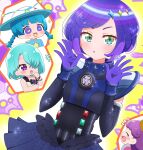  4girls :d bell black_dress blue_hair blunt_bangs bracelet braid character_request chibi chii_(chi_pppuri) cowbell cropped_torso dress elbow_gloves gem ginga_sadame gloves green_eyes hair_over_one_eye hands_up hat high_school!_kiratto_pri_chan highres hojo_cosmo jewelry kiratto_pri_chan long_hair looking_at_viewer multiple_girls open_hands open_mouth pretty_series pripara purple_eyes purple_gemstone purple_hair shido_mel short_hair smile solo_focus sparkle_hair_ornament star-shaped_pupils star_(symbol) swept_bangs symbol-shaped_pupils twin_braids 