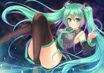  aqua_eyes aqua_hair black_legwear blush breasts convenient_leg detached_sleeves hatsune_miku headset long_hair massan medium_breasts necktie smile solo thighhighs twintails very_long_hair vocaloid 