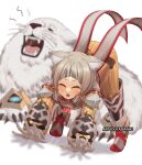  1girl animal_ear_fluff animal_ears arched_bangs artist_name blurry blurry_background cat_ears claws closed_eyes commentary_request dromarch_(xenoblade) eyelashes gloves grey_hair jumpsuit kamaniki medium_hair nia_(xenoblade) sample_watermark sharp_teeth teeth top-down_bottom-up twitter_username watermark whiskers white_fur white_gloves xenoblade_chronicles_(series) xenoblade_chronicles_2 yellow_jumpsuit 