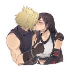  1boy 1girl bare_shoulders black_gloves black_tank_top blonde_hair blush breasts brown_gloves brown_hair closed_eyes cloud_strife collarbone couple earrings elbow_gloves english_commentary final_fantasy final_fantasy_vii final_fantasy_vii_rebirth final_fantasy_vii_remake fingerless_gloves gloves hand_on_another&#039;s_shoulder hands_up hetero highres holding holding_hands jewelry kiss long_hair medium_breasts muscular muscular_male pudelmudel purple_sweater short_hair sidelocks simple_background sleeveless sleeveless_sweater standing suspenders sweater tank_top tifa_lockhart turtleneck upper_body white_background white_tank_top 