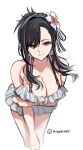  1girl bare_shoulders bikini black_hair breasts cleavage closed_mouth final_fantasy final_fantasy_vii final_fantasy_vii_rebirth final_fantasy_vii_remake flower hair_between_eyes hair_flower hair_ornament highres hiroki_(hirokiart) large_breasts leaning_forward long_hair looking_at_viewer official_alternate_costume official_alternate_hairstyle red_eyes smile solo swimsuit tifa_lockhart twitter_username white_background white_bikini 