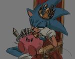  2boys animal_ears animal_nose bad_id bad_twitter_id blue_eyes crossover crown furry furry_male gauntlets gloves green_eyes half-closed_eyes head_rest highres kirby kirby_(series) male_focus multiple_boys single_gauntlet sitting sitting_on_lap sitting_on_person smile sonic_(series) sonic_the_hedgehog white_gloves yangfaa_sonic 