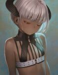 1girl bare_shoulders breasts closed_mouth clothing_request headgear looking_down murata_range orange_eyes original short_hair sleeveless small_breasts solo upper_body white_hair 
