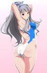  armpits arms_up ass competition_swimsuit hair_ribbon idolmaster idolmaster_(classic) long_hair looking_at_viewer md5_mismatch one-piece_swimsuit ponytail red_eyes ribbon shijou_takane silver_hair smile solo swimsuit tengu_(tetuo_kun) 
