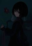  1girl :| absurdres aqua_background arm_at_side black_dress black_eyes black_hair bob_cut bottle bowl closed_mouth commentary dark dress empty_eyes expressionless eyelashes flower from_side hair_between_eyes highres holding holding_flower long_sleeves looking_at_viewer looking_to_the_side monogatari_(series) no_gloves oshino_ougi puffy_sleeves red_flower shelf short_hair solo upper_body vase yamada_maya_(yamdmay) 