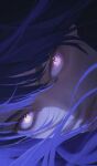  blunt_bangs close-up genshin_impact glowing glowing_eyes highres kantakerro lips mitsudomoe_(shape) portrait purple_eyes purple_hair raiden_shogun symbol-shaped_pupils tomoe_(symbol) 
