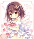  1girl :d apron azumi_kazuki bangs bare_shoulders blush bow brown_eyes brown_hair collarbone commentary_request detached_sleeves eyebrows_visible_through_hair frilled_panties frills gears hair_between_eyes hair_bow hair_intakes happy_birthday heart long_hair mini_wings object_hug one_side_up open_mouth original panties puffy_short_sleeves puffy_sleeves ribbon_trim short_sleeves smile solo star underwear white_apron white_bow white_panties white_sleeves white_wings wings 