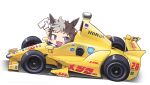  1girl bottle brand_name_imitation car chibi dhl driving formula_racer gloves grey_hair highres holding holding_bottle honda indycar_series looking_to_the_side mejiro_ryan_(umamusume) milk_bottle motor_vehicle purple_eyes race_vehicle racecar sakusan_(ss-awesome) shadow short_hair simple_background solo spoiler_(automobile) umamusume vehicle_focus white_background white_gloves 