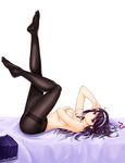  absurdres ass black_hair black_legwear breasts cleavage covering covering_breasts ebsfinal feet full_body hairband hand_in_hair highres kasumigaoka_utaha legs_up long_hair looking_at_viewer lying medium_breasts navel no_shoes on_back on_bed pantyhose playing_with_own_hair red_eyes saenai_heroine_no_sodatekata skirt skirt_removed solo thighband_pantyhose topless 