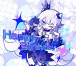  1boy 1girl :3 blue_dress blue_eyes blue_hair blue_sleeves character_request check_character ciel_(elsword) commentary_request crown detached_sleeves dress elsword english_text fang flat_chest hands_up happy_birthday highres korean_commentary long_hair luciela_r._sourcream mini_crown neck_ribbon one_eye_closed open_mouth p_(xop_7i) pointy_ears ribbon shirt short_dress short_hair sleeveless sleeveless_dress sparkle white_hair white_ribbon white_shirt 