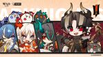  1boy 3girls arknights black_hair blue_hair chong_yue_(arknights) dragon_bubble_(arknights) dusk_(arknights) eating food grey_hair highres holding holding_food horns ling_(arknights) long_hair looking_at_viewer multiple_girls nian_(arknights) official_art purple_eyes red_eyes sleeping tail 