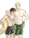  2boys abs bara black_hair black_male_swimwear blonde_hair blush bracelet closed_mouth cute_potato_(cute_potato_ner) eren_yeager green_eyes green_male_swimwear highres holding holding_swim_ring innertube jewelry large_pectorals looking_at_another male_focus male_swimwear multiple_boys muscular muscular_male navel nipples open_mouth pectorals reiner_braun shingeki_no_kyojin short_hair simple_background smile swim_ring topless_male white_background yaoi yellow_eyes 