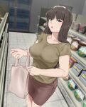  1girl bag black_hair blush breasts brown_eyes brown_skirt collarbone girls_und_panzer highres huaronanago indoors jewelry large_breasts long_hair looking_at_viewer nishizumi_shiho open_mouth ring shopping_bag skirt solo supermarket 