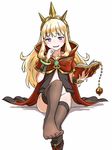  blonde_hair blush book boots bottomless bracelet cagliostro_(granblue_fantasy) cape feet granblue_fantasy headgear jewelry knee_boots legs long_hair no_shoes open_book purple_eyes single_boot smirk solo thighhighs zaxwu 
