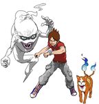  amano_keita belt black_eyes blue_eyes boots brown_hair cargo_pants cat collar full_body ghost grey_pants grin haiunk haramaki highres jibanyan multiple_tails nekomata open_mouth pants purple_lips realistic red_shirt shirt short_hair short_sleeves simple_background smile star t-shirt tail two_tails watch whisper_(youkai_watch) white_background wristwatch yellow_eyes youkai youkai_watch youkai_watch_(object) 