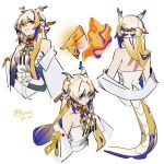  1girl arknights bare_shoulders blonde_hair blue_eyes blue_horns closed_mouth colored_skin commentary_request dated dragon_girl dragon_horns dragon_tail earrings facing_away grey_hair grey_horns grey_tail hair_between_eyes hair_intakes horns jacket jewelry light_smile long_hair long_sleeves mochusama1 multicolored_hair multiple_views necklace off_shoulder open_clothes open_jacket pants purple_hair purple_tail shu_(arknights) signature sketch strapless tail tube_top white_background white_jacket white_pants white_tube_top yellow_tail 