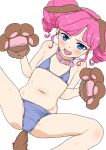  1girl aikatsu! aikatsu!_(series) amahane_madoka animal_ears animal_hands bikini blue_bikini blue_eyes collar dog_ears dog_tail drill_hair fangs flat_chest gloves highres long_hair looking_at_viewer navel open_mouth osame paw_gloves pink_collar pink_hair solo sweat swimsuit tail twin_drills 