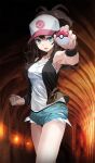  1girl aqua_eyes aqua_shorts armpits baseball_cap black_vest brown_hair collarbone cowboy_shot hair_between_eyes hat highres hilda_(pokemon) holding holding_poke_ball long_hair looking_at_viewer nail_polish open_clothes open_mouth open_vest pink_nails poke_ball poke_ball_print pokemon pokemon_bw print_headwear shirt short_shorts shorts sleeveless sleeveless_shirt solo standing torn_clothes torn_shorts tsukishiro_saika v-shaped_eyebrows vest white_headwear white_shirt wristband 