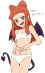  1girl @_@ aikatsu!_(series) aikatsu_stars! blush bra breasts cone_hair_bun demon_girl demon_tail demon_wings fang green_eyes hair_bun highres long_hair looking_down open_mouth orange_hair osame panties pubic_tattoo saotome_ako small_breasts solo sweat tail tattoo underwear wavy_mouth white_bra white_panties wings 