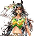  1girl animal_ears arm_up black_hair choker commentary_request crop_top green_shirt hat highres horse_ears jacket kuya_(hey36253625) long_hair midriff mini_hat mini_top_hat mr._c.b._(umamusume) navel open_clothes open_jacket shirt simple_background single_bare_shoulder single_sleeve solo stomach strapless strapless_shirt top_hat umamusume upper_body very_long_hair white_background white_headwear white_jacket 