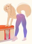  2016 absurd_res anthro barefoot bent_over breasts brown_fur brown_hair butt canine clothed clothing female fox fur hair hi_res long_hair looking_at_viewer mammal pants pinup pose purple_eyes raised_tail simple_background smile solo teeth topless white_background woadedfox 