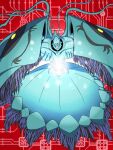  arkadimon_super_ultimate armor black_sclera colored_sclera digimon extra_eyes full_armor gichigichi_mail glowing looking_at_viewer monster red_background solo tentacles yellow_eyes 