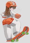  1girl absurdres black_eyes blush colored_skin dolphin_shorts from_behind gloves grey_background grey_skin helm helmet highres long_hair looking_at_viewer orange_gloves orange_headwear orange_shorts roblox short_shorts shorts skateboard solo spoken_object wamudraws 